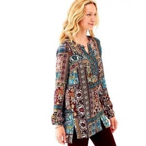 J Jill Patchwork Floral Tunic Medium Shirt Top Blouse Long Sleeve Maroon J.Jill